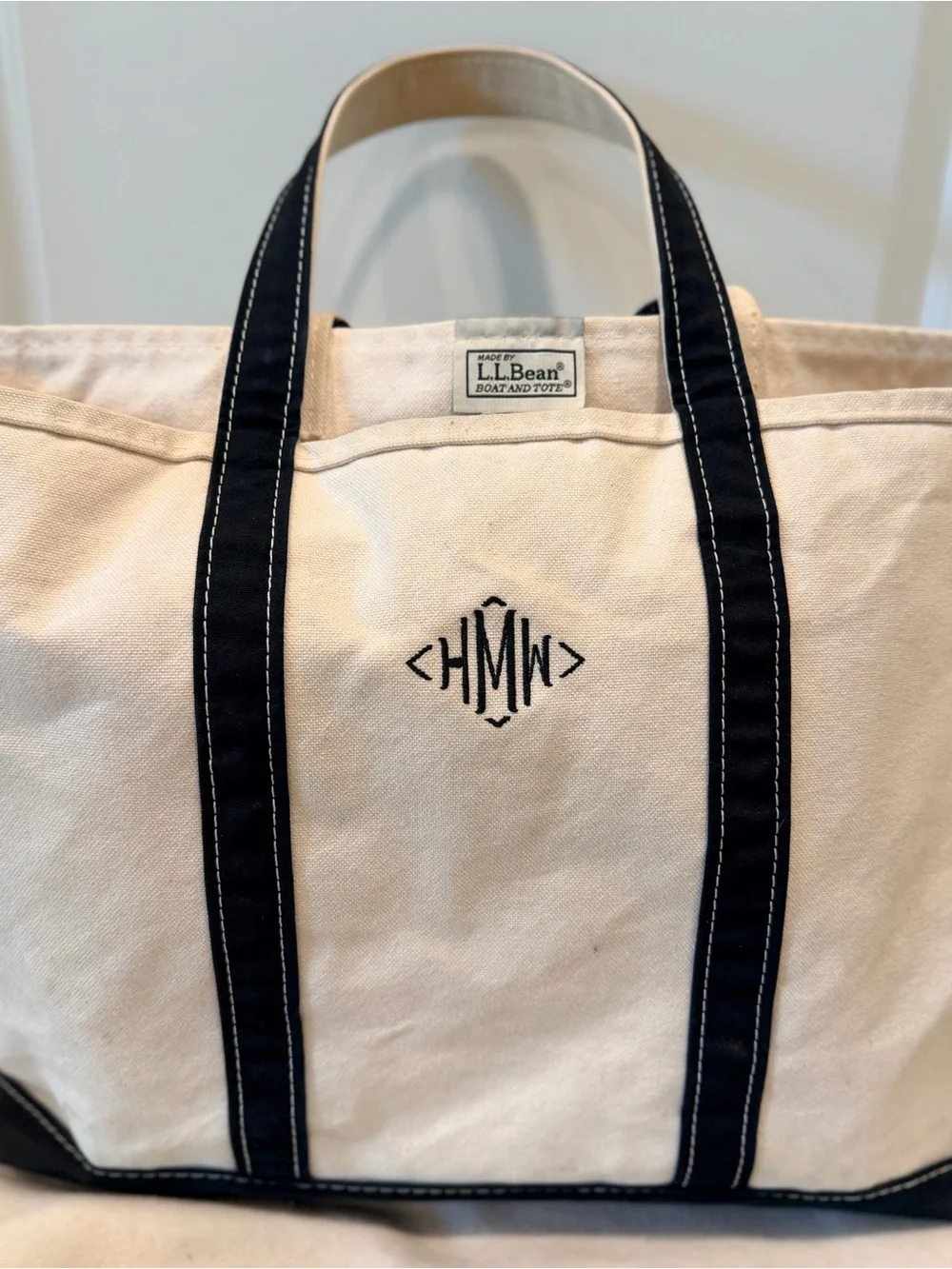 Vintage 90s L.L. Bean Boat and Tote Canvas Large Navy Blue Open Top Monogram